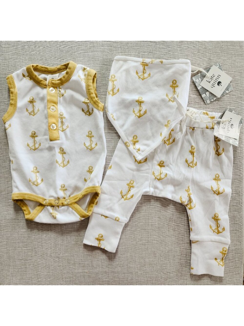 Kate Quinn Anchor Set Sleeveless Bodysuit, Panda Pants and Bandana Bib 3-6 Month